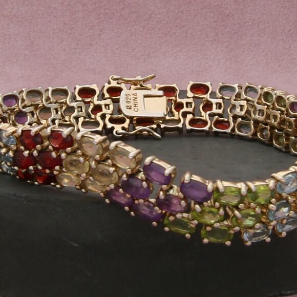 sterling silver gold plate garnet topaz amethyst tennis bracelet size 7in